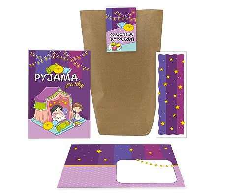 Junaversum 6 Einladungskarten zum Kindergeburtstag Einladungen zur Übernachtungsparty Pyjamaparty Pyjama-Party Lesenacht-Party incl. 6 Umschläge, 6 Tüten, 6 Aufkleber, 6 Lesezeichen von Junaversum