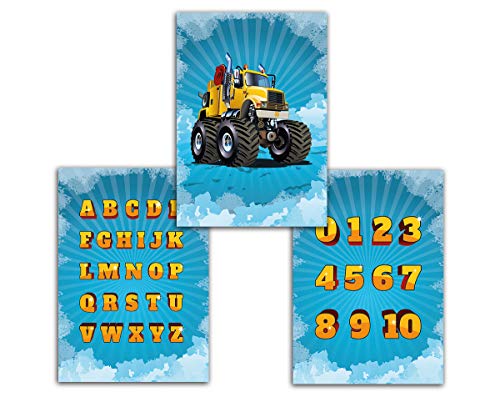 Plakat für Kinderzimmer Monster-Truck Zahlen Buchstaben ABC Poster Jungen Deko für Babyzimmer Wandbilder A4 (3-er Set) von Junaversum