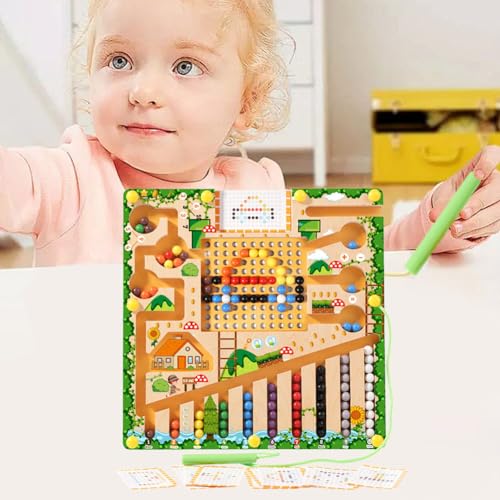 Junerain 4-in-1 magnetisches Farb- und Zahlenlabyrinth aus Holz, Magnettafel, Montessori-Spielzeug für Feinmotorik, pädagogisches Spielzeug für Vorschulkinder, passendes Zählspielzeug, Gesch von Junerain