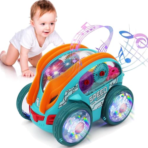 Junerain Elektrisches Spielzeugauto, beleuchtetes, um 360° drehbares, dynamisches Getriebeauto mit Buntem Licht und Musik, Bump-and-Go-Spielzeugauto zum Spielen im Innen- und Außenbereich von Junerain