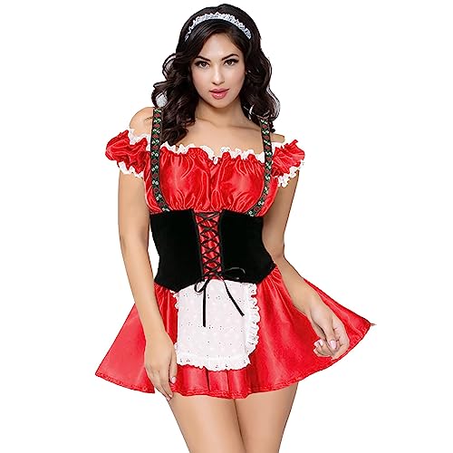 Junhasgood Deutsches Kleid in Übergröße für Damen mit quadratischem Ausschnitt Schürze, Oktoberfest-Biermädchen-Kostüm Chiaki Nanami Cosplay Kostüm (Red, One Size) von Junhasgood