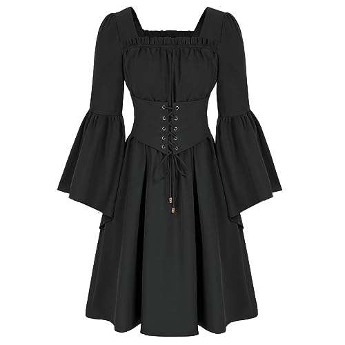 Junhasgood Kinder Nezuko Cosplay Kostüm Trompetenärmeln mit Gürtel, mittelalterliches Kleid für Damen (Black, M) von Junhasgood