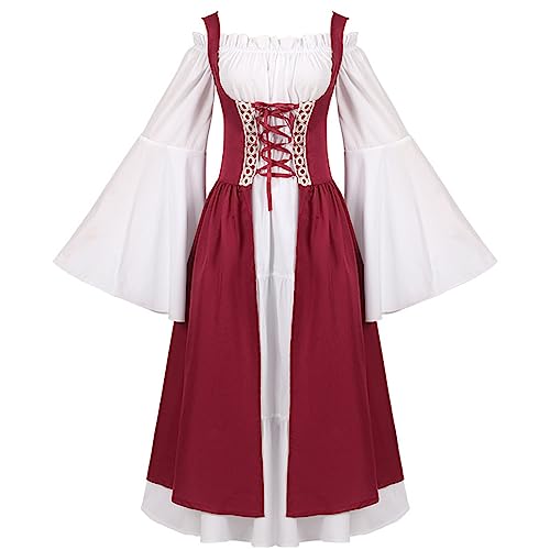 Junhasgood Mittelalterliches Kostüm für Damen, langes Kleid, kalte Schulter, Kostüme, irisches Over-Cosplay-Retro-Kleid Narancia-Cosplay-Kostüm (Red, S) von Junhasgood