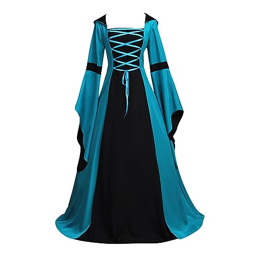 Junhasgood Obito-Cosplay-Kostüm einfarbig, Trompetenärmel, langes Kleid, Cosplay, Boden, Vintage-Länge, mittelalterliches Damen-Gothic-Kleid, Damenkleid (Blue, XL) von Junhasgood