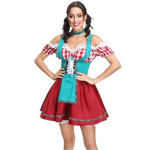 Junhasgood Oktoberfest Damen Vintage Kleid Kurzarm Bierkleid Bühnenkleid Kostüm Frauen Erwachsene Cosplay (Sky Blue, L) von Junhasgood