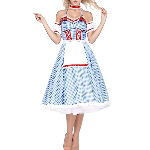 Junhasgood Verstellbares Oktoberfest-Kleid zum Binden für Damen mit Neckholder Rockkante aus Netzstoff mit Schleife Deku Cosplay Kostüm Kampfanzug (Blue, One Size) von Junhasgood