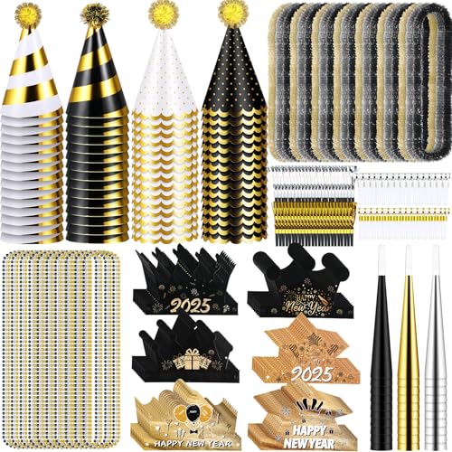 Junkin 360-teiliges Silvester-Partyzubehör 2024 Party-Set, Silvester-Partyzubehör, inklusive schwarz-goldener Zylinderhüte, Stirnbänder, blasender Drache, Perlenkette, Trompetenkranz für Neujahrsparty von Junkin