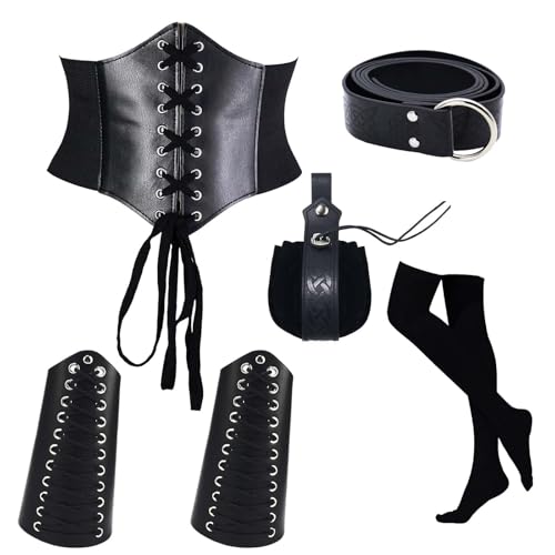 Juquenazi Damen Halloween Nekromanten Anzug Mittelalterliche Accessoires Set Mittelalter Korsett Paar Handgelenkschützer Gürtel Strümpfe Gürteltasche für Cosplay Piraten Hexe Renaissance Kostüm von Juquenazi