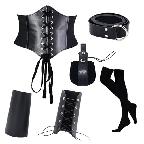 Juquenazi Damen Mittelalter Kleidung Kostüm Set Renaissance Kostüm Set mit Armschützern Gürtel Gürteltasche Strümpfe Retro Zubehör 6 Set für Halloween Nekromanten Anzug Cosplay Party von Juquenazi