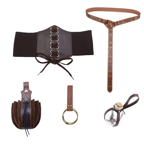 Juquenazi Damen Mittelalter Kleidung Kostüm Set Renaissance Vintage Kostüm Set mit 1 Gürtel + 1 Korsett +1 Potion Bottle +1 Gürteltasche + 1 Schlüsselanhänger Gothic Kleidung für Karneval Halloween von Juquenazi