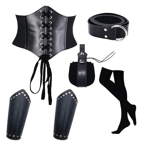 Juquenazi Damen Mittelalter Kostüm 5 Set Halloween Karneval Retro Zubehör Cosplay Accessoires Set 1 Korsett + 1 Paar Handgelenkschützer + 1 Gürtel + 1 Gürteltasche+ 1 Strümpfe für Cosplay Party von Juquenazi