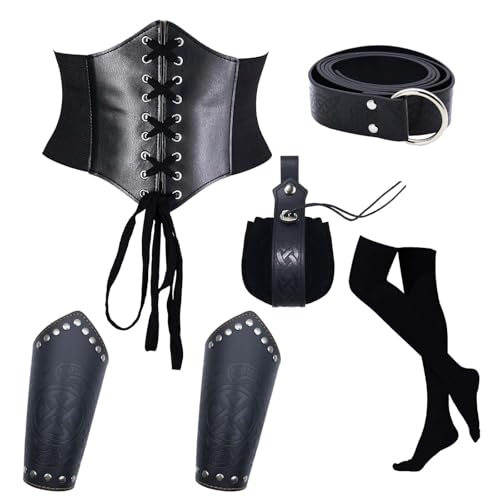 Juquenazi Damen Renaissance kostüm Set Mittelalterlich mit Schwarz Armschützern Gürtel Gürteltasche Strümpfe Retro Zubehör für Halloween Cosplay 6-teilig Cosplay Karneval Kostüm von Juquenazi