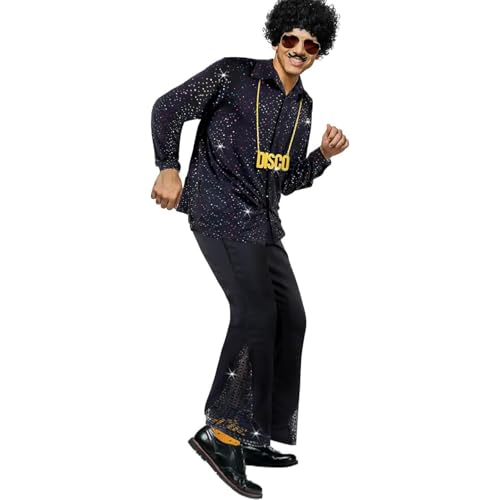 Juquenazi Herren Faschingskostüme Disco Style Pailletten Hemd + Retro Schlaghosen 70er Jahre Kostüm Hippie Kostüm 6 Stück Perücken Halskette Bart Sonnenbrille Für Cosplay Halloween Kostümfeste von Juquenazi