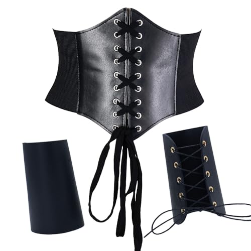 Juquenazi Herren Mittelalterliches Ritterkostüm Renaissance Viking Ritter Deko Gothic Kleidung Accessoires Set 1 Schwarz Korsett + 1 Paar Handgelenkschützer Retro Zubehör Set für Halloween Cosplay von Juquenazi