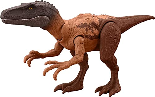 Jurassic World Strike Attack Dinosaurier Figur Herrerasurus mit beweglichen Gelenken und Einzelstreik-Funktion, Spielzeuggeschenk mit physischem und digitalem Spiel von Mattel