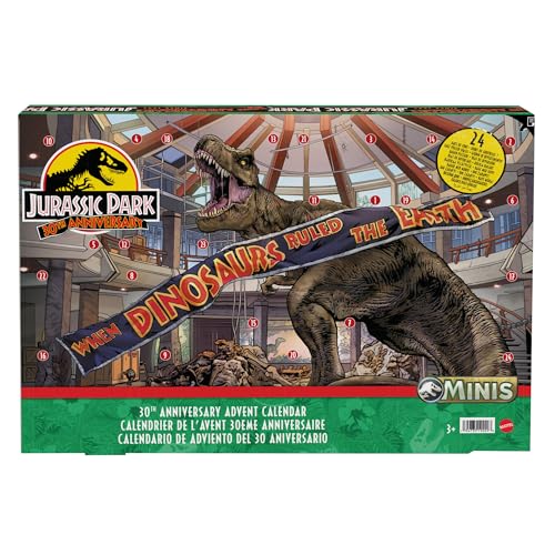 JURASSIC WORLD 30. Jubiläum Adventskalender - 24 Türchen mit Mini-Dinosauriern, Menschenfiguren und Teilen für einen aufregenden Spielbereich, für Kinder ab 4 Jahren, HTK45 von Mattel