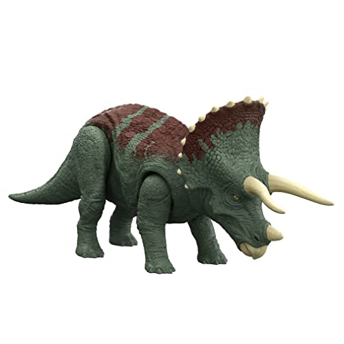 Jurassic World HDX34 - Dominion Brüllende Dinosaurier Triceratops Pflanzenfresser-Actionfigur mit Brüllgeräuschen, Kopfstoß-Attacke, beweglichen Gelenken, Dinosaurier Spielzeug ab 4 Jahren von Mattel