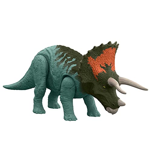 Jurassic World HDX40 - Roar Strikers Triceratops Dinosaurier-Actionfigur mit Bewegungen und Geräuschen, Spielzeug mit physischem und digitalem Spielspaß, Dinosaurier Spielzeug ab 4 Jahren von Mattel