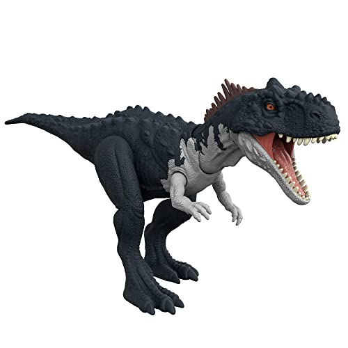 Jurassic World HDX45 - Roar Strikers fleischfressender Rajasaurus Dinosaurier-Actionfigur mit Brüllgeräuschen, physisches und digitales Spiel, Dinosaurier Spielzeug ab 4 Jahren von Mattel