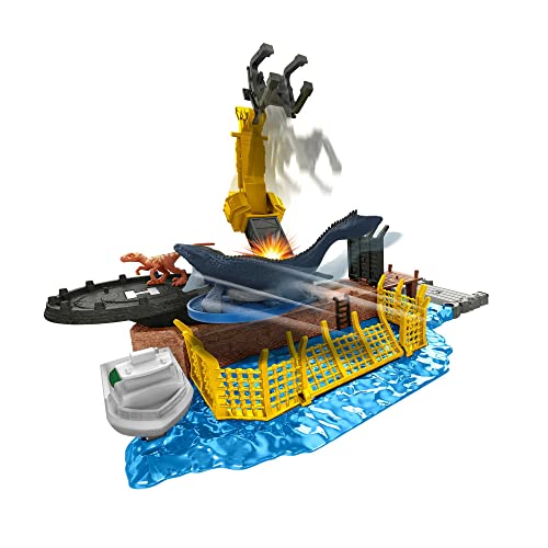 Jurassic World HFF11 - Dominion Minis Mosasaurus Mayhem Spielset mit 2 Mini-Dinosaurier-Figuren, mehreren Spielbereichen, Abschussvorrichtungen & zerlegbaren Zerstörungsteilen, Spielzeug ab 4 Jahren von Mattel