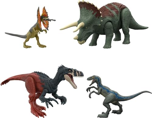 Mattel Jurassic World - Survival-Instincts-Dinosaurier-Starterset, Roar Strikers Megaraptor und Pteranodon, Blue und Dilophosaurus, digitales Spielerlebnis, Dinosaurierspielzeug ab 4 Jahren HJJ85 von Mattel