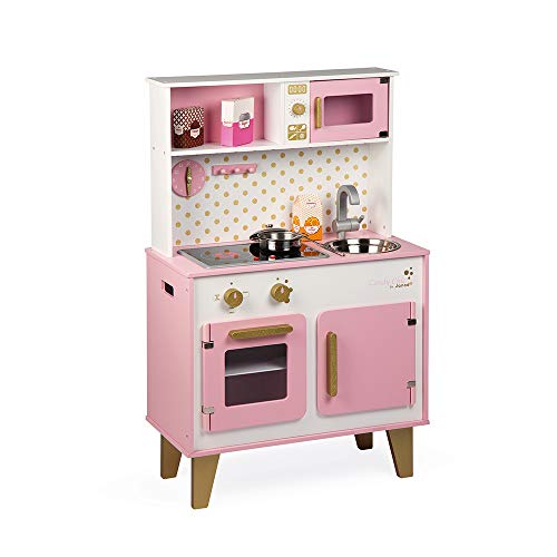 Janod - Candy Chic Big Wooden Cooker for Children - Equipped with Fridge and Microwave, Sound and Light - Pretend Play - 6 Accessories Included - For children from the Age of 3, J06554, Pink and White, L x B x H: 55 x 30 x 87 cm von Janod