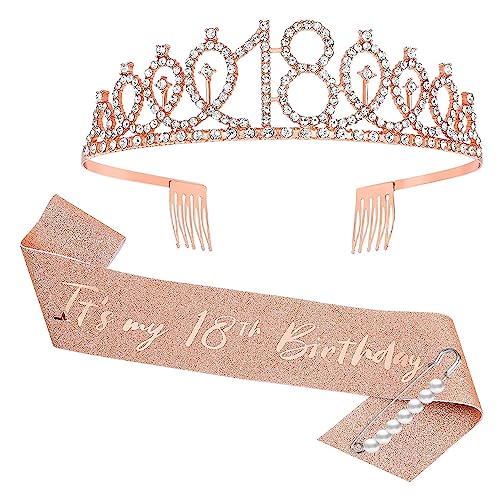 JurciCat 18. Geburtstag mädchen Schärpe und Tiara Rose Gold Krone 18 Geburtstag Geschenke für Birthday Girl Party Deko Decoration von JurciCat