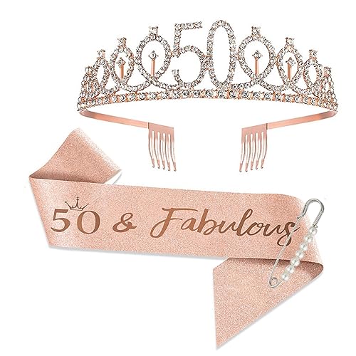 JurciCat 50 Geburtstag Frau Deko Schärpe und Tiara Rose Gold Krone Geschenke zum 50. Geburtstag Frau für Birthday Party Decorations von JurciCat