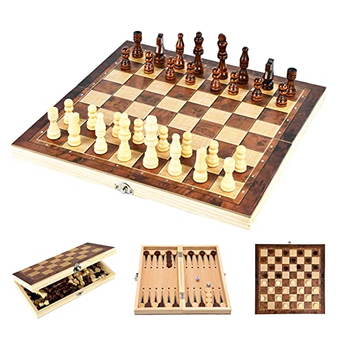 JurciCat Schach aus Holz Tragbares faltbares Schachspiel Schachbrett Holz Hochwertig 3 in 1 Chess Board Set für Familie Aktivitäten Party Erwachsene Kinder Reisen von JurciCat