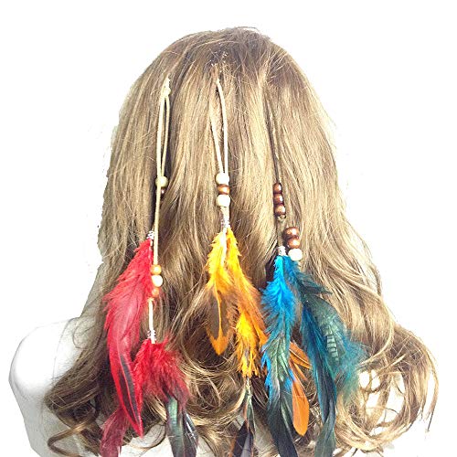 Jurxy Böhmische Pfau Feder Kopfschmuck Stirnband Damen Hippie Boho Indianer Stirnbänder Zigeuner Headwear BB Clip Frau Mädchen Lieblings Haarschmuck – Gelb rot blau von Jurxy