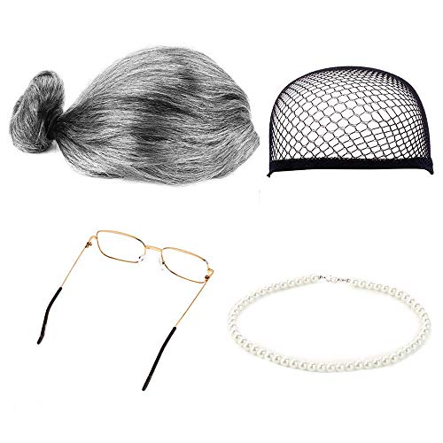 Jurxy Großmutter Cosplay Zubehör Set 4 Stück Old Lady Kostüm Grau Oma Perücke Perücke Kappe Brille Brillen Künstliche Perle Halskette Verkleidung Party Fasching Kostüm Accessoire von Jurxy