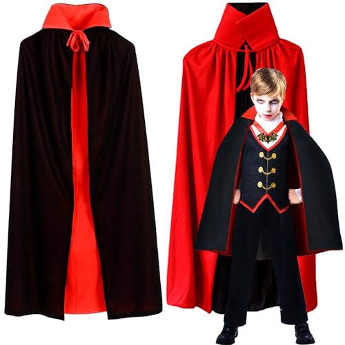 Jusduit Umhang Schwarz Rot Halloween Vampir Umhang Stehkragen Kinder,Halloween Kostüm Umhang Cosplay Hexe Vampir Piraten Umhänge 90CM Umhang für Kinder Jungen Mädchen Halloween Cosplay Kostüme von Jusduit