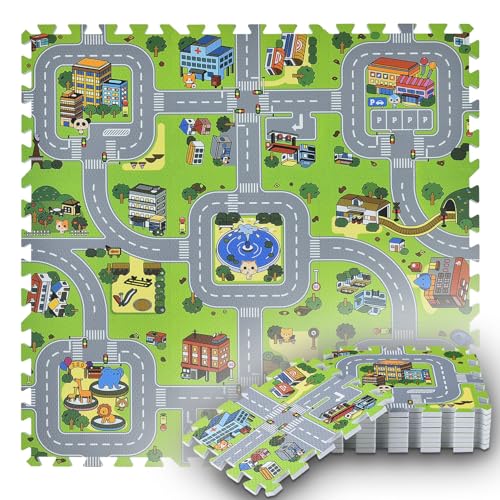 Juskys Kinder Puzzlematte Jascha 9 Teile — Stadt & Straßen - rutschfest & abwischbar - 1 cm dick — Spielmatte ab 10 Monate — Baby Puzzle Spielteppich von Juskys