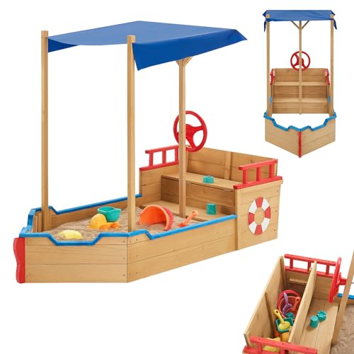 Juskys Sandkasten Käpt'n Pit - Piratenschiff Boot aus Holz - große Kinder Sandkiste für Garten mit Bodenplane, Dach & Sitzbank - Outdoor Sandbox von Juskys