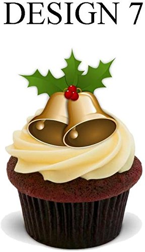 Glocken mit Holly Christmas Design 7 - 12 essbare hochwertige stehende Waffeln Kuchen Toppers, Bells with holly Christmas Design 7 - Standups 12 Edible Standup Premium Wafer Cake Toppers von Just Party Supplies