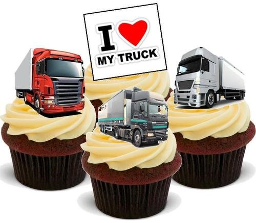 Ich liebe meine Truck Mix - 12 essbare hochwertige stehende Waffeln Karte Kuchen Toppers Dekorationen, I Love My Truck Mix - 12 Edible Stand Up Premium Wafer Card Cake Toppers Decorations von Just Party Supplies