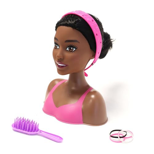 Just Play Barbie-Puppe für Mädchen, Mini-Styling-Kopf, schwarzes Haar, rosa Highlight-Set (JPBLKBRB2C) von Just Play