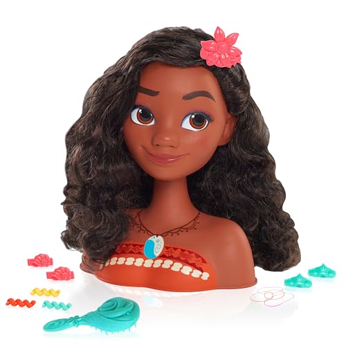 Just Play Disney Princess Moana Frisierkopf mit Zubehör, 14-teilig, schwarzes Haar, braune Augen, Kinderspielzeug ab 3+ Jahren von Just Play