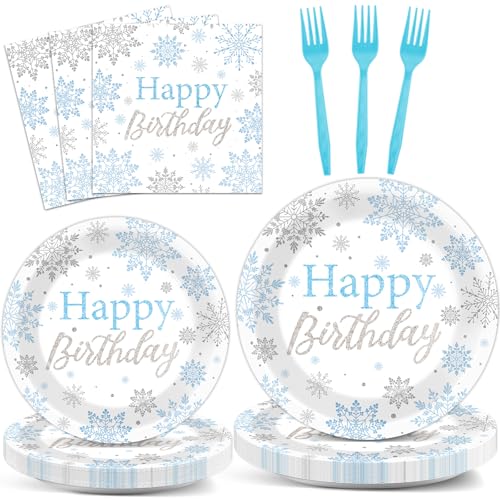 96 Stück Winter Geburtstag Party Dekorationen Schneeflocke Pappteller und Servietten Winter Wonderland Babyparty Dekoration Silber Blau Weiß Weihnachten Party Supplies Einweg-Schneeflocken Geschirr von Justforjoyful