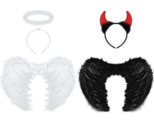 Jutom Engel und Teufel Kostüm Set Engel und Teufelshörner Stirnband und Engel Teufelsfeder für Halloween Party, schwarz und weiß, Wings: approx.21.65 x 15.75 inches von Jutom