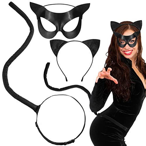 Jutom Katzenkostüm für Damen, schwarzes Glitzer, Katzenohren, Stirnband, Halloween-Maske und Schwanz, Halloween-Katzenkostüm, Zubehör, Katzen-Cosplay-Kostüm für Erwachsene, Schwarz, Einheitsgr��e von Jutom