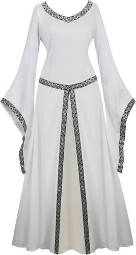 Jutrisujo mittelalter Kleid renaissance mit Trompetenärmel Party Kostüm bodenlang Vintage Retro costume cosplay Damen White weiß 3XL von Jutrisujo