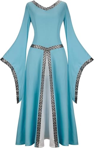 Jutrisujo mittelalter Kleid renaissance mit Trompetenärmel Party Kostüm bodenlang Vintage Retro Medieval Dress for Women Costume cosplay Damen blau 2XL von Jutrisujo