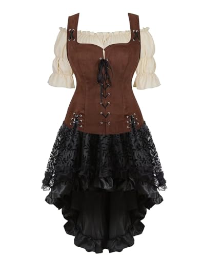 Jutrisujo Mittelalter Kleidung Kleid Weste mit Bluse 3Set Damen Pirat Kostüm Renaissance Gothic Mantel Steampunk Cosplay Top mit Schnürung Oktoberfest Kaffee 2XL von Jutrisujo