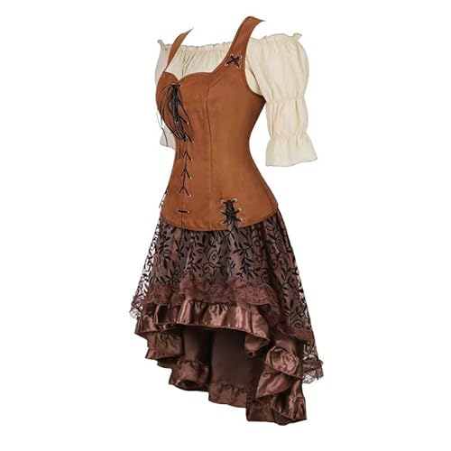 Jutrisujo Mittelalter Kleidung Kleid Weste mit Bluse 3Set Damen Piraten Rock Kostüm Gothic Mantel Steampunk Renaissance Cosplay Top Halloween Braun 2XL von Jutrisujo