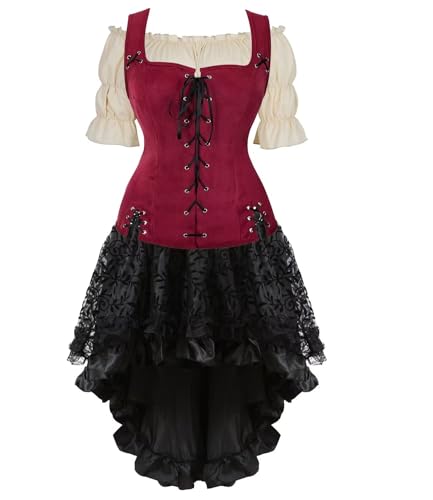 Jutrisujo Mittelalter Kleidung Kleid Weste mit Bluse 3Set Damen Steampunk Pirate Kostüm Gothic Mantel Renaissance Cosplay Top Halloween Weinrot 2XL von Jutrisujo