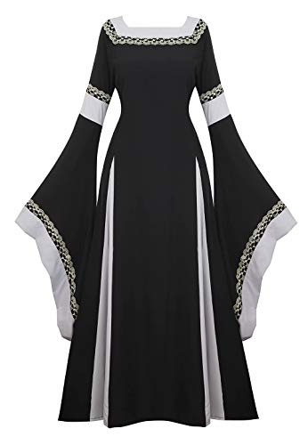 Jutrisujo mittelalter Kleid mit Trompetenärmel Party Kostüm bodenlang Vintage Retro renaissance costume cosplay Damen Schwarz 3XL von Jutrisujo