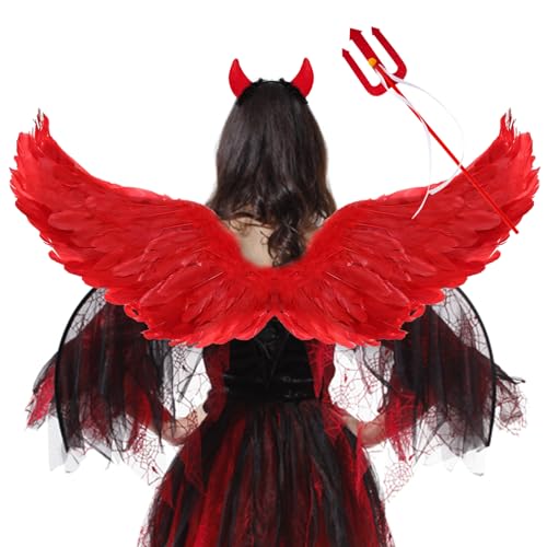 Juxtaposia Halloween Flügel Rot,60CM Engelsflügel Rot mit Teufel Horn Rot,Teufels Flügel Helloween,Federflügel Engel,rot Engel Kostüm Damen,Engelsflügel Rot,Rot Engel Kostüm Mädchen von Juxtaposia