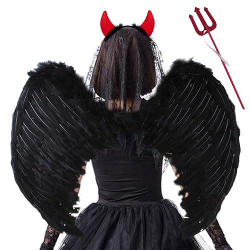 Juxtaposia Halloween Flügel Schwarz,45CM Engelsflügel Schwarz mit Teufel Horn Rot,Schwarzer Engel Kostüm Mädchen,Dunkler Engel Kostüm,Teufels Flügel Helloween,Engel und Teufel Flügel Kostüm Damen von Juxtaposia