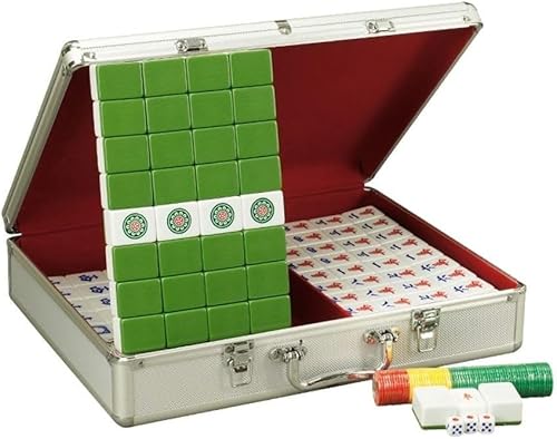 JvFbjLF Mahjong Reiseset, Chinesisches Mahjong Set, Melamin Mahjong 144 Steine, MahJongg Spielset mit silbernem Aluminiumkoffer(Green) von JvFbjLF